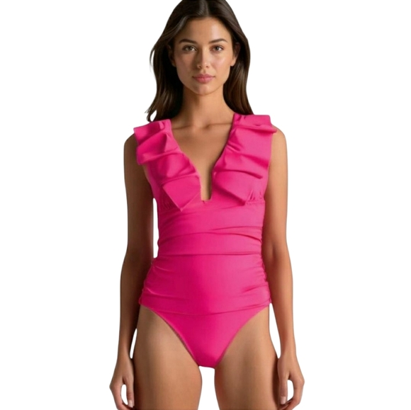 J. Crew Pink Ruffle One Piece Swimsuit - Picture 1 of 3